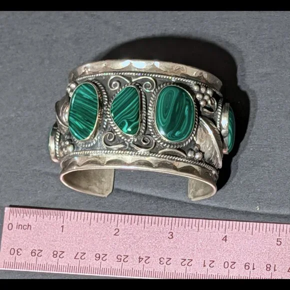 MASSIVE Estate 1950s Native Mexican Malachite Sterling Silver Bracelet - Picture 2 of 5